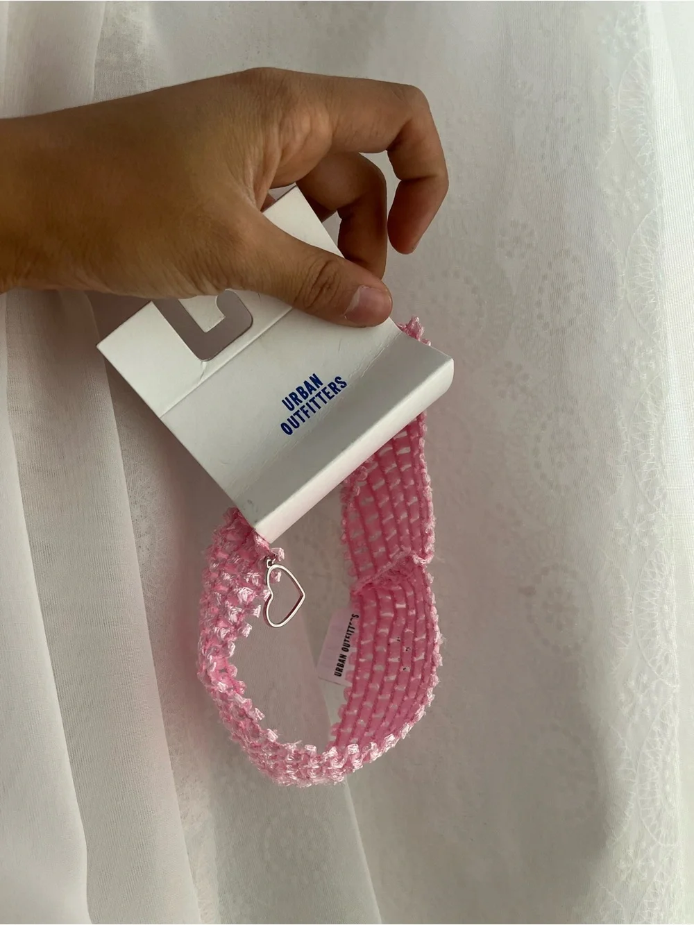 BNWT Urban Outfitters Light Pink Crochet Headband with Heart Charm